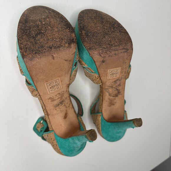 Aldo Platform Turquoise Suede & Tan Cork Stiletto Heel Ankle Strap Sandal 5.5 - Picture 13 of 16